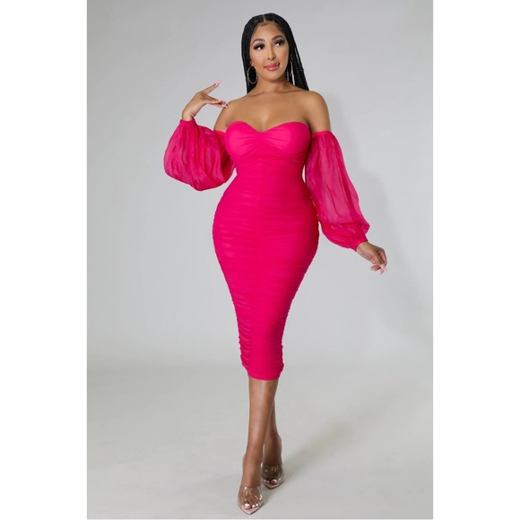Dresses | Sold Out Fuchsia Off Shoulder Sheer Balloon Sleeve Dress |  Poshmark